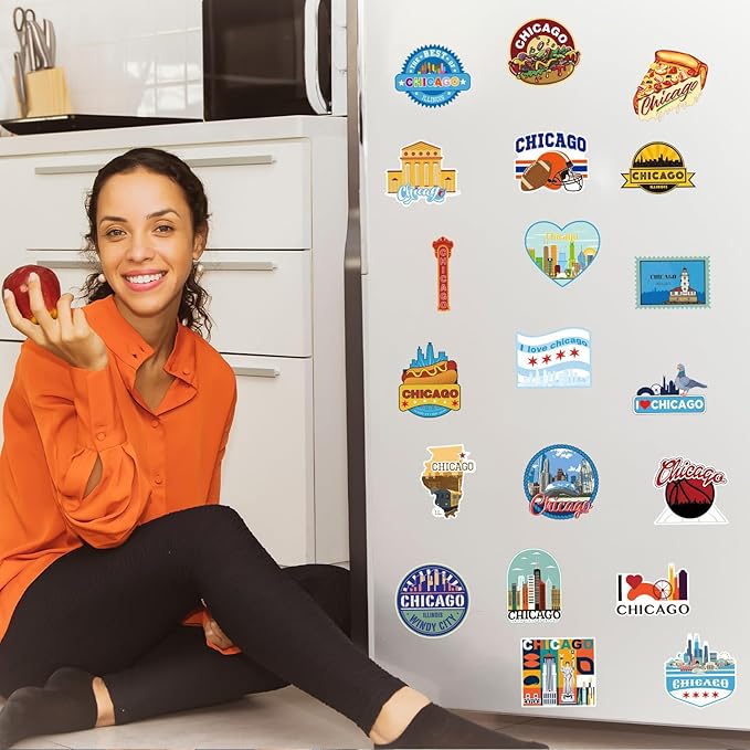20 Pcs Chicago Fridge Magnet Souvenirs - Chicago Refrigerator Magnet USA Flag USA State Travel Souvenirs Gifts Refrigerator Stickers for Home Kitchen Office Cruise Door Decor