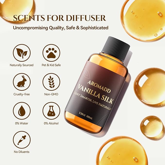 AROMADD Vanilla Silk Diffuser Oil Inspired by Luxury Hotel Scent 3.38 Fl Oz (100ml), Aroma Diffuser & Hotel Fragrance Diffuser Oil, Essential Oil Diffuser for Aromatherapy, Long-Lasting