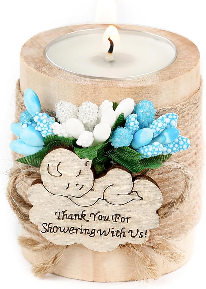 50 Piece Set Wooden Tealight Candle Holders, Baby Shower Party Favors, Party Favors for Guests, Return Gift for Guests,Fiesta Baby Shower Regalos para los invitados,Boy Baby Gender Reveal. (Blue)