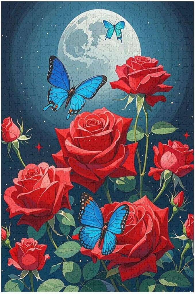 Jigsaw Puzzles for Adults 1000 Piece - Butterfly Red Rose Garden Wooden Puzzles, Unique Gifts for Wall Art，Family Puzzles，Educational Games，Challenge Puzzles