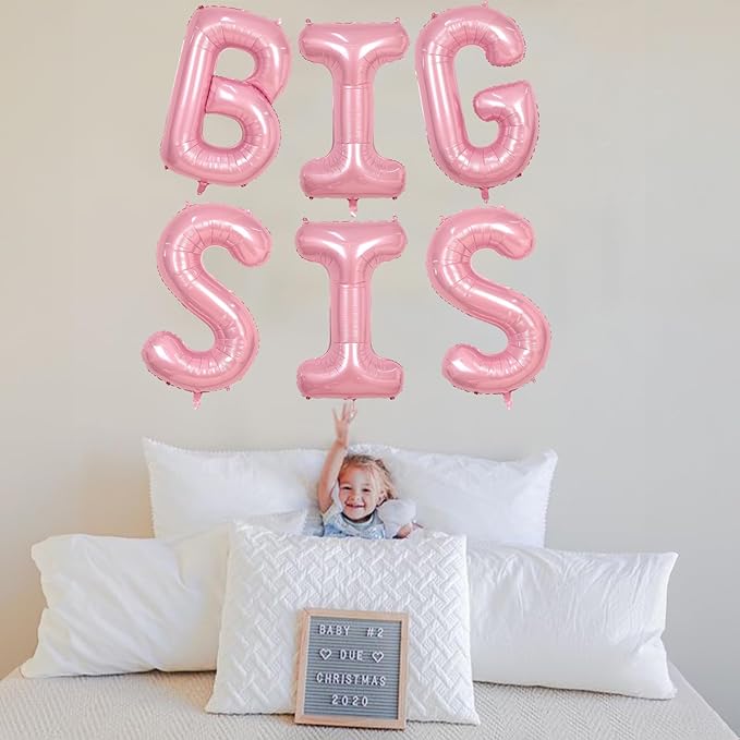 40 Inch Pastel Pink BIG SIS Letter Balloons, Pearl Pink BIG SIS Balloon Letters with Ribbon, Light Pink Baby Girls Alphabet Balloon for Her Baby Shower Birthday Gender Reveal Party Decoration Supplies