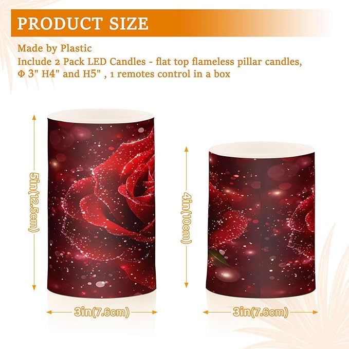 ALAZA Red Glitter Rose Floral Flowers Flickering Flameless Candles Battery Operated with Remote Timer,Tea Light Candles LED Pillar Votive Candles Set of 2 for Outdoor Indoor Decorations