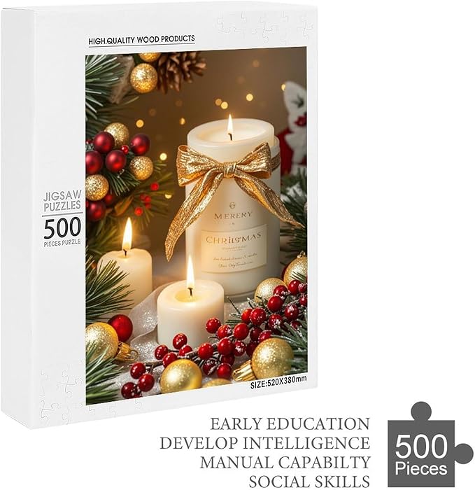 Wooden Puzzles 500 Piece，Christmas Atmosphere Candle Light, Merry Christmas Themed Jigsaw Puzzles，Funny Puzzles，Stress Relief Games，Puzzle Games Challenge Puzzles