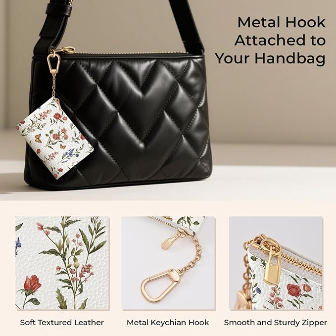 Colorful Flower with Butterfly Keychain Coin Purse for Women, Small PU Leather Change Pouch, Zipper Little Tiny Travel Wallet for Girls, Cute Kawaii Zip Pocket Coin Holder with Key Ring