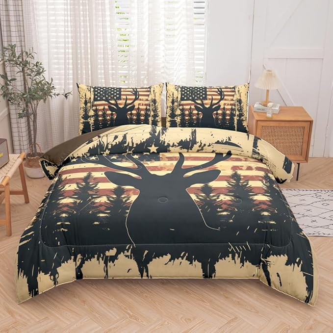 Deer Comforter Sets Queen 5PCS with Sheets, Deer & American Flag Comforter Set for Hunter Bedroom Decor, Bedding Set for Boys, Adults & Teens
