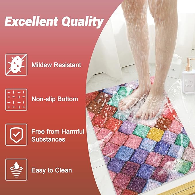 Shower Mat Non-Slip, Soft Comfort Bath Mat with Drainage Holes, PVC Loofah Massage Bathtub Mat for Shower, Tub, Bathroom, Wet Areas, Quick Drying