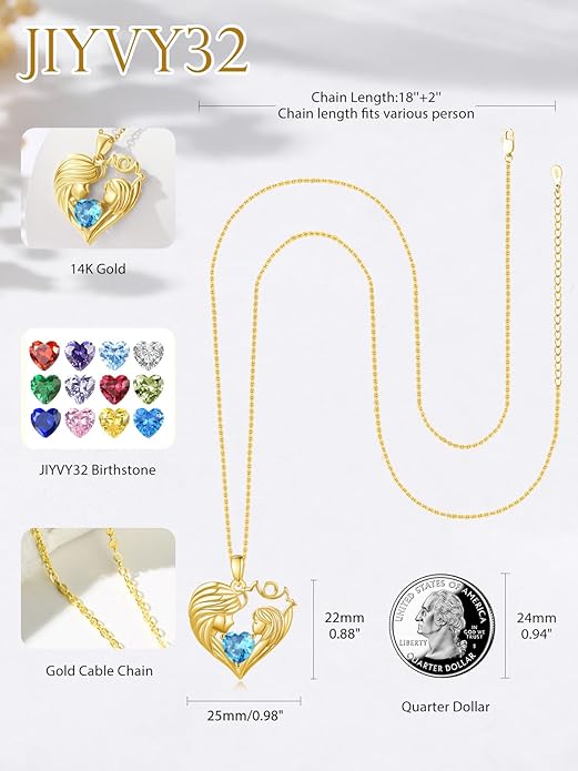 Mother and Daughter/Son Love Heart Necklace White Gold/14K Gold/Rose Gold Birthstone Jewelry Christmas Mothers Day Birthday Gifts For Mom Wife Grandma Women