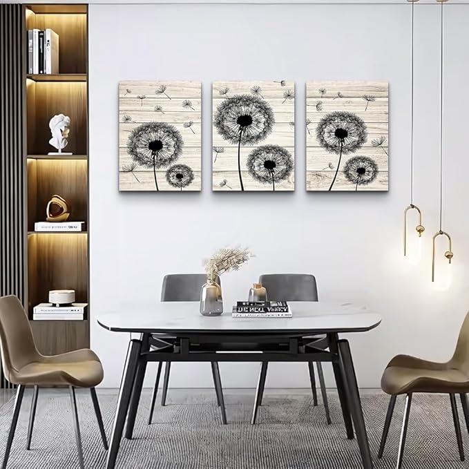 Wall Decor For Living Room Canvas Wall Art For Bedroom Fashion Wall Decorations For Kitchen Abstract Paintings Office Decor Black Dandelion Flowers Hang Pictures Artwork Home Decoration 3 Pieces