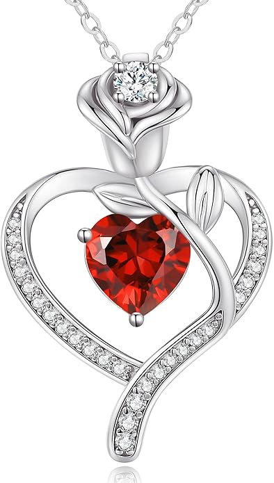 LOUISA SECRET Rose Flower Heart Birthstone Necklaces for Women, 925 Sterling Silver Fine Jewelry, Pendant Heart Necklaces Birthday Anniversary Christmas Gift for Women Wife Mom Girlfriend Lady