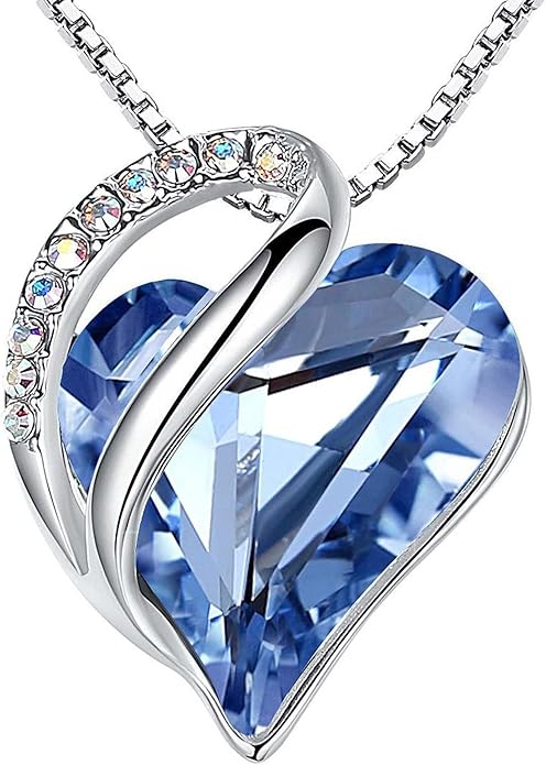 Leafael Valentine's Day Gift Necklaces for Women, Infinity Love Birthstone Heart Crystal Pendant, Birthday Anniversary Jewelry for Wife, Mom, and Her, Silver Plated, 18" + 2" Adjustable Chain