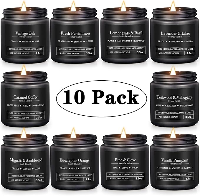 10 Pack Scented Candles for Men, Masculine Candle Gift Set with Woody & Fresh Scents, Soy Wax Aromatherapy Candles for Home, Gifts for Him, Boyfriend, Christmas
