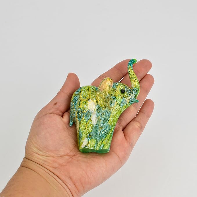 Handmade Murano Glass Elephant Figurine, Green Millefiori with 24K Gold Finish, 4" Tall, Elephant Statue Decor, Gold Elephant Statue, Home Décor Accents, Tiny Elephant Figurine, Made In Italy