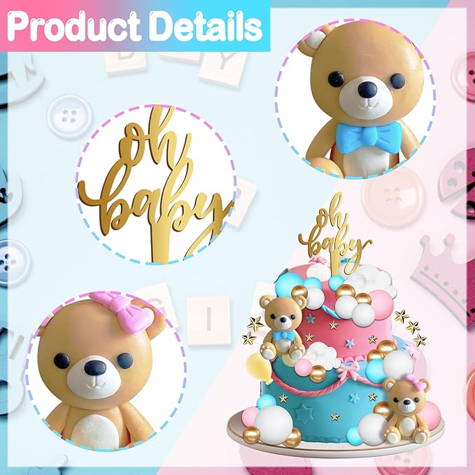 38 Pieces Bear Cake Topper Decorations Set- Oh Baby Cake Topper，Stars，Pearl Balls Cake Decoration for Gender Reveal party Baby Shower Supplies, He or She Gender Reveal Party（blue and pink）