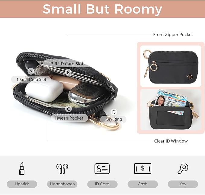 Wristlet Keychain Wallets for Women RFID Blocking Credit Card Holder Small Zipper Coin Purse Change Pouch with ID Window and Detachable Wrist Strap Black White Checkered