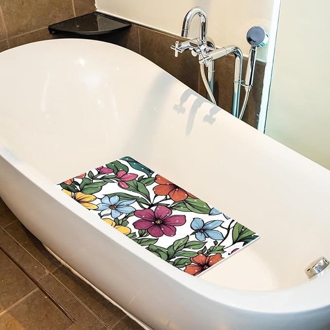 Non Slip Bath Mat for Tub, 15.1 x 26.8 Inch Bathtub Mat Machine Washable Shower Mat with Drain Holes and Suction Cups, Spring Garden Floral Leaves and Wild Flowers