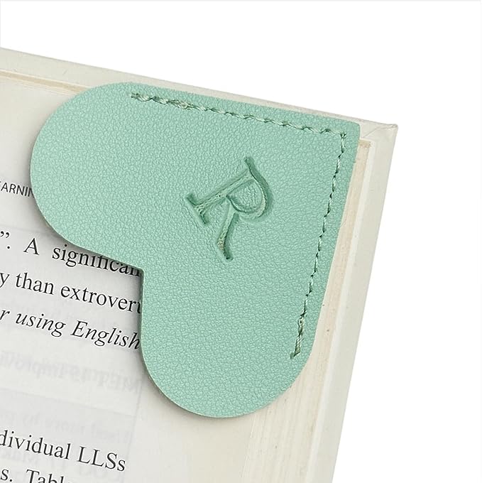 MOTEERLLU Personalized Leather Heart Bookmark with Initial, Cute Letters Custom Corner Book Mark for Reading Women, Teacher, Student, Book Lovers Gifts & Accessories(Green, R)