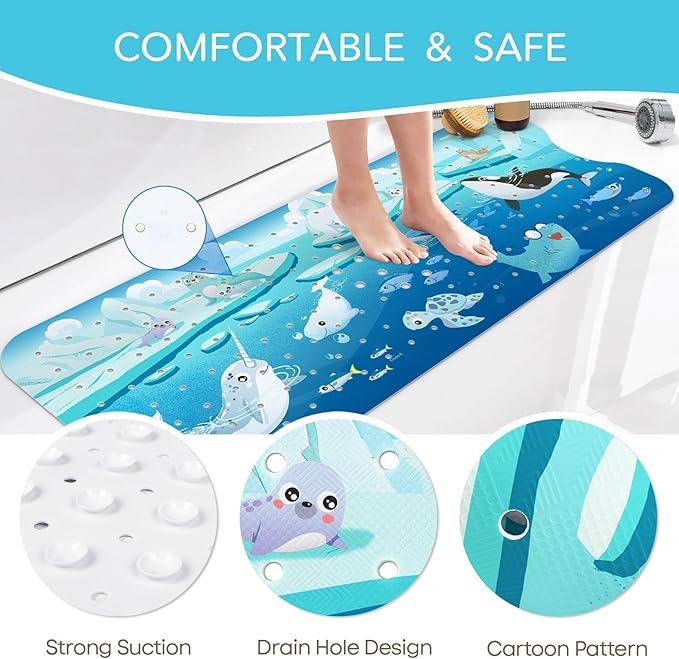 SHUCHING Polar Animal Bath Mat for Tub Non Slip-40 X 16 Inch, Baby Kids Bathtub Mat Non Slip, Toddler Long Shower Mat for Bathroom