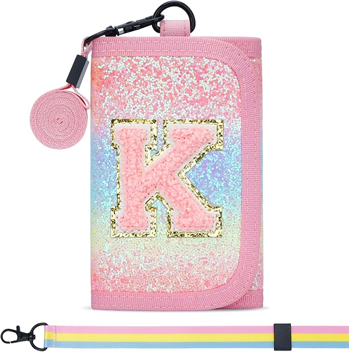 Gifts for Girls 3 4 5 6 7 8 9 10 11 12 Years Old Kids Wallet Cute Initial Coin Purse Toddler Wallet with Magic Sticker (Shiny Rainbow, K)