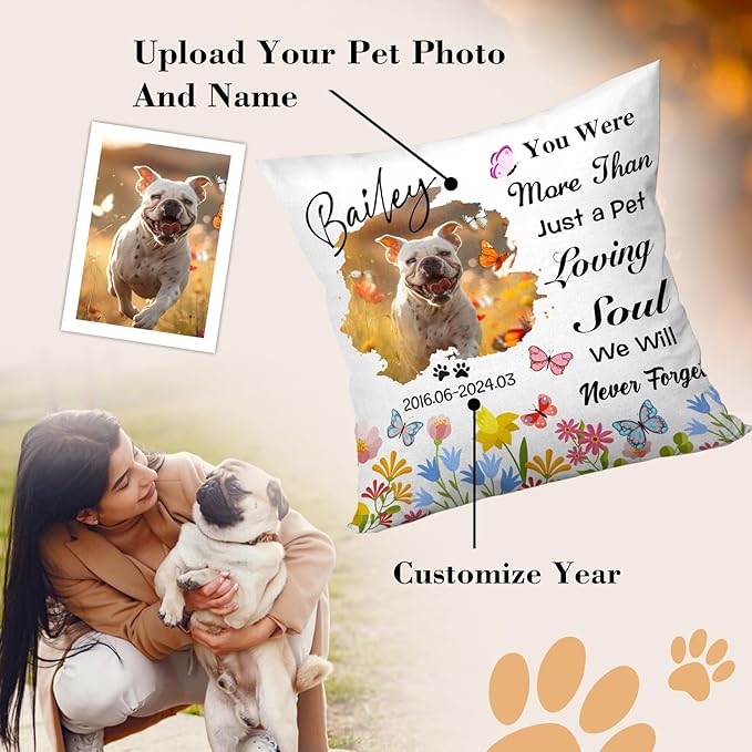 Personalized Pet Memorial Throw Pillow with Photo (Insert Included) - Sympathy Gift for Dog or Cat Loss - Customized for Pet Lovers and Owners (Colorful)