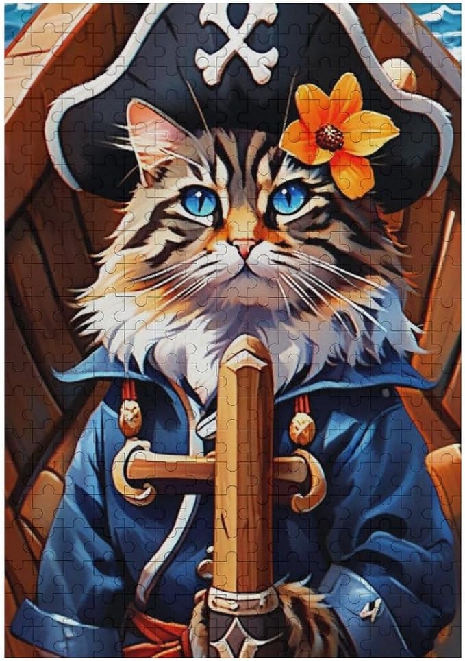 Wooden Puzzle - Classic Pirate Cat Leader Jigsaw Puzzles，Wooden Puzzles for Adults 300 Pieces Challenge Puzzles，Educational Games，Family Puzzles，Unique Gifts for Wall Art