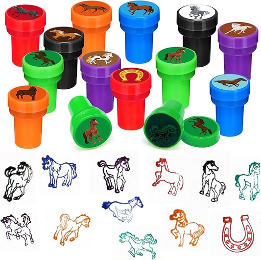 Cinrobiye 24 Pcs Horse Party Favors Stampers for Boys Girls，Pre-Inked Western Pony Stamp Set for Birthday Party Supplies Cowboy Themed Goody Bag Fillers Classroom Rewards Pinata Prizes DIY Crafts
