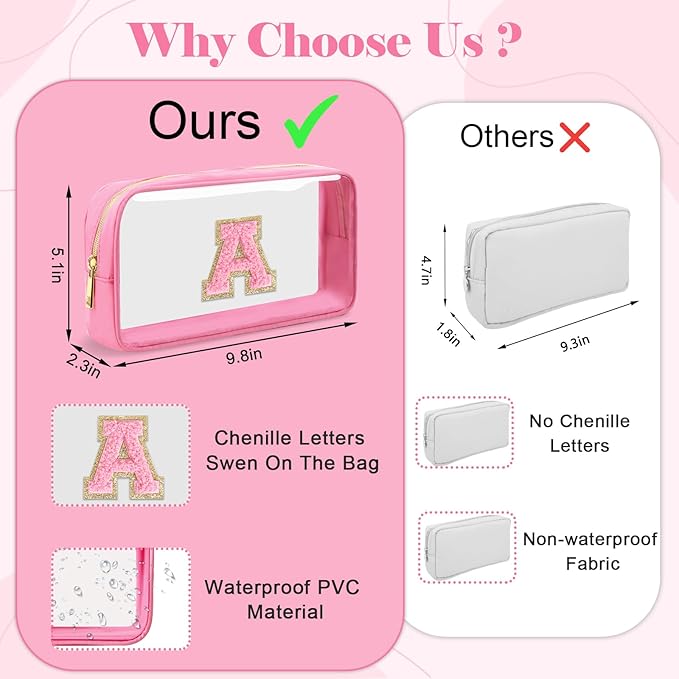 Personalized Initial Letter Clear Makeup Bag,Preppy Small Nylon&PVC Cosmetic Zipper Bag with Chenille Letter,Portable Beach Travel Skincare Toiletry Bag,Trendy Monogram Gift for Teen Girls Women,V