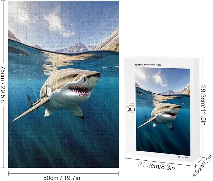 Puzzles for Adults 1000 Pieces Wooden Jigsaw Puzzle - Shark on The Water Theme Puzzle，Party Games，Family Toys，Educational Puzzles，Stress Relief Wooden Puzzle，Gifts for Family，Colleagues and Friends