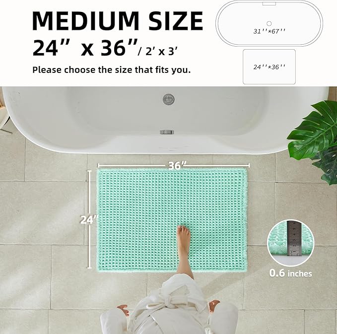 Waffle Bath Mat, Boho Bathroom Rugs Non Slip Washable Super Absorbent Quick Dry Cute Bath Mat Farmhouse Bathroom Decor, 36"x24" Aqua Blue