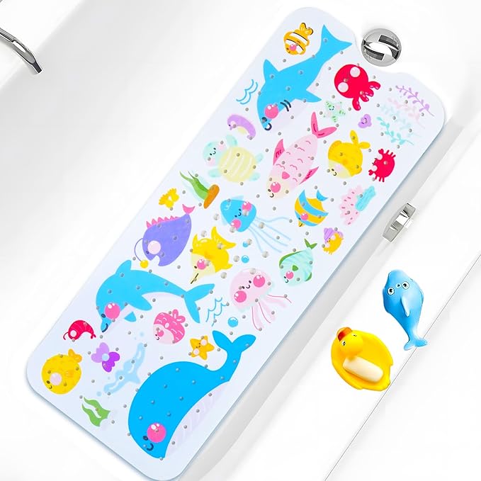 Baby Bath Mat for Tub Non Slip Kids Bathtub Mat Extra Long 40X16 Inch Toddler Bath Tub Shower Mat Anti Slip with Suction Cups & Drain Holes, Machine Washable (Sea Fish)