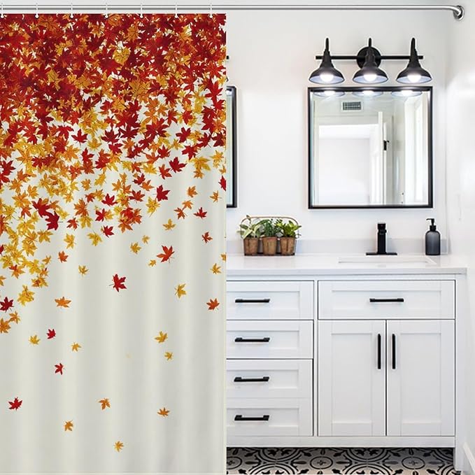 Fall Autumn Shower Curtain Maple Leaves Orange Red Leaf Harvest Waterproof Washable Fabric Bathroom Shower Curtains for Bathroom Decorations Home Indoor Decor 72x72Inch