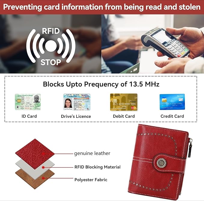 Women's Small Genuine Leather Bifold Wallet Large Capacity RFID Blocking with 16 Card Slots 2 ID Windows and Zipper Coin Pocket Pink (Red)