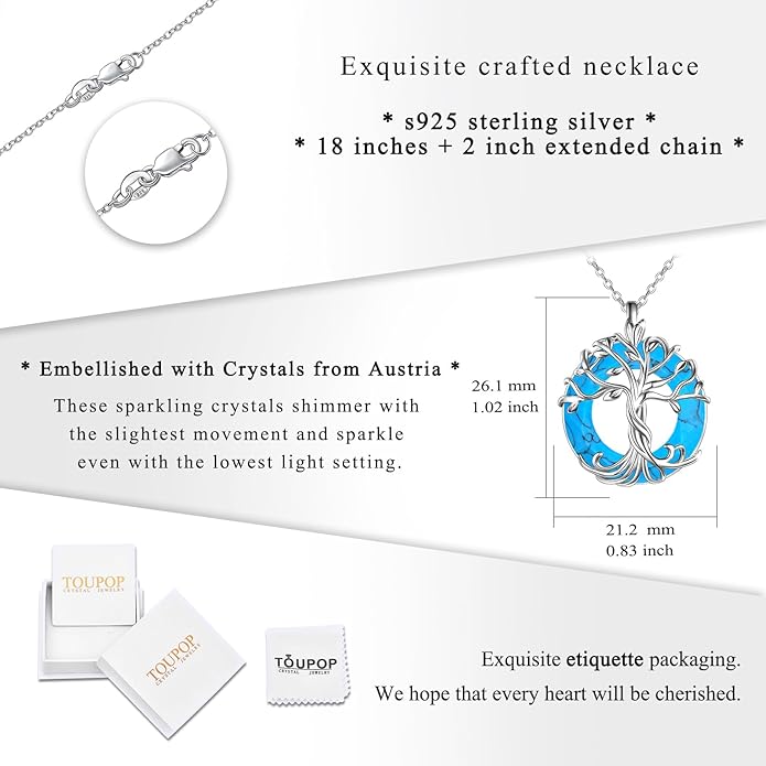TOUPOP Tree of Life Necklace 925 Sterling Silver Family Tree Pendant Austrian Crystal Jewelry Valentines Day Birthday Gifts for Women Mom Wife Her