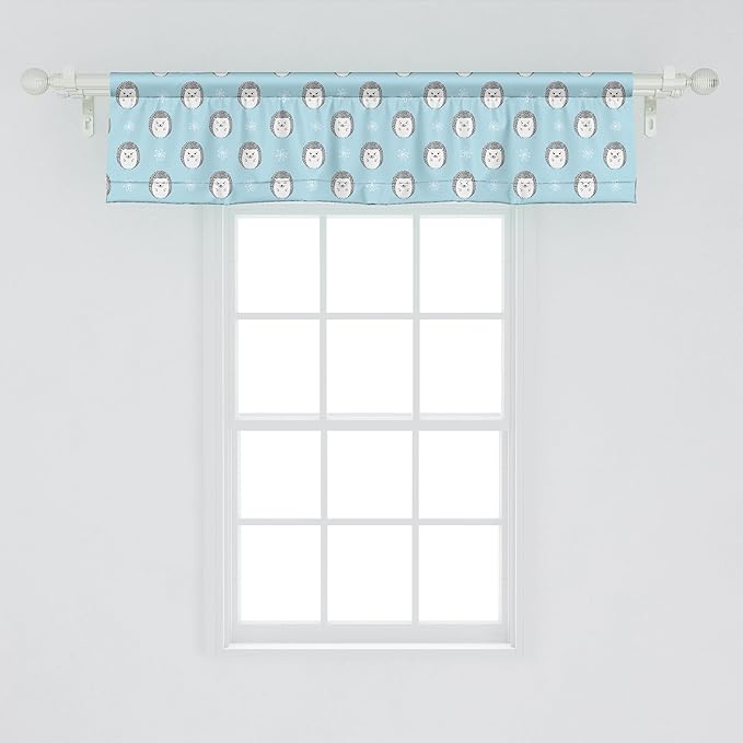 Ambesonne Hedgehog Window Valance, Watercolor Art Smiling Happy Characters with White Daisies on Blue, Curtain Valance for Kitchen Bedroom Decor with Rod Pocket, 54" X 12", Pale Blue Grey White