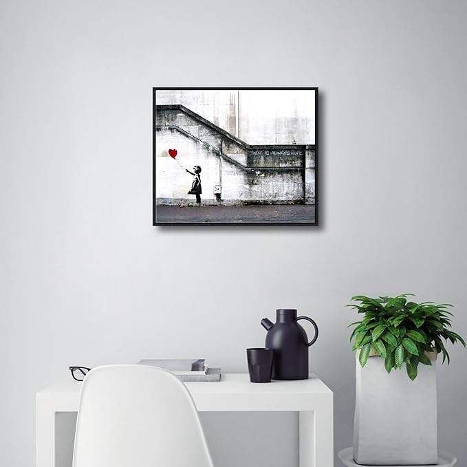 Wieco Art Framed Canvas Wall Art Giclee Canvas Prints of Banksy Grafitti Girl with Red Balloon Abstract Artwork for Wall Decor Home Decorations Black Frame