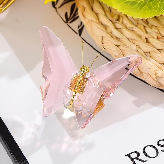 Movdyka Crystal Butterfly Decor Figurines for Mom Women, Pink Glass Butterfly Craft Desk Office Dcorations Table Centerpieces, Animal Ornaments Paperweight