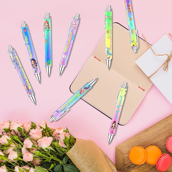 Idealmuzik Mermaid Pens for Girls – Cute Mermaid-Themed Ballpoint Pen Set for Ocean Lovers – Fun Stationery Gift for Journaling – 8 Pack
