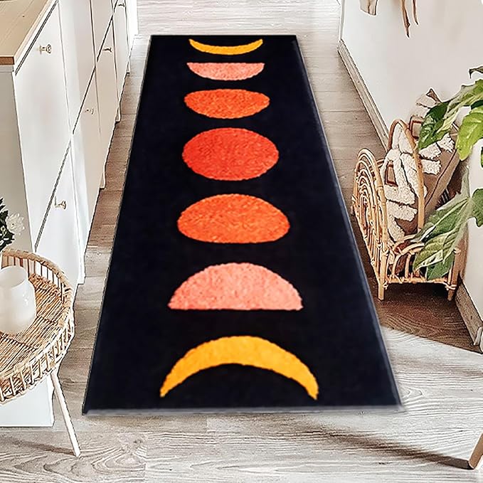 UKELER Boho Bathroom Rugs Runner 60x20 Inch Long Non Slip Bohemian Area Runner Rug for Bathroom Bedroom Hallway Kitchen Laundry, Washable Accent Bedside Rug, Living Room Runner Rug, Black