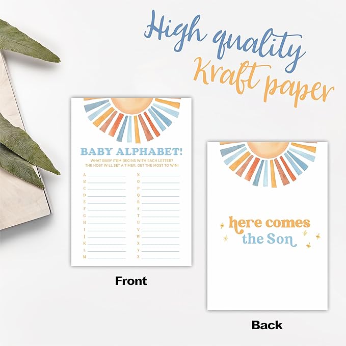 Sunshine Baby Alphabet Baby Shower Game Kit - Retro Here Comes The Sun - 30 Double-Sided Fill In Game Cards For Baby Shower, Gender Reveal Party Favor, Activity & Supplies - D03