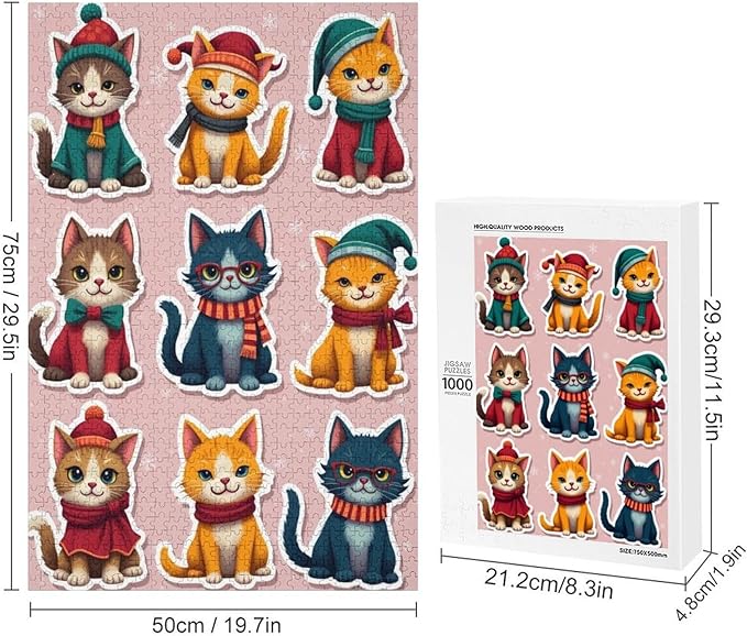 Wooden Puzzle 1000 Pieces Adult - Christmas Cat Puzzle Christmas Puzzles, Holiday Puzzles, Family Toys, Party Games, Jigsaw Puzzle Challenge and Funny