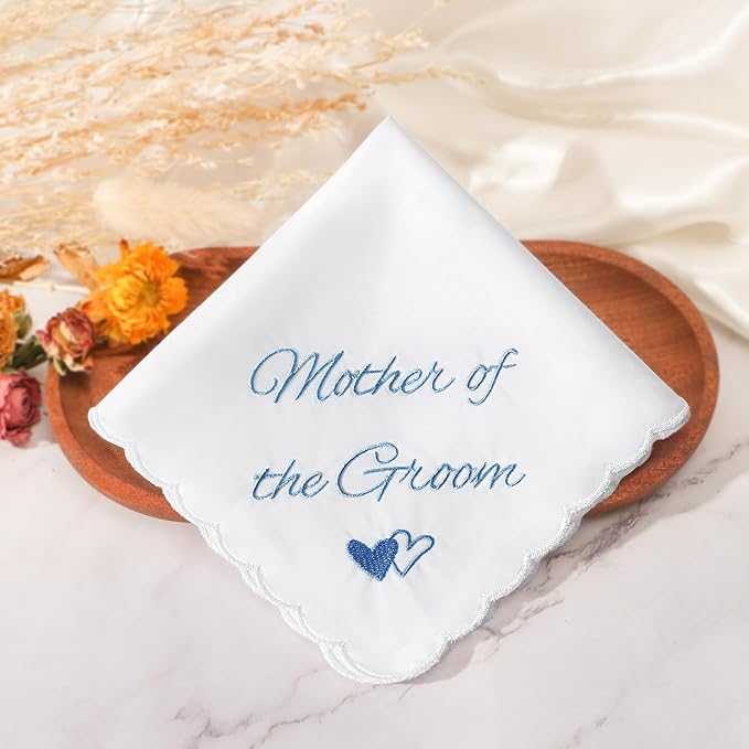 Wedding Handkerchief Something Blue for Bride, Mother Father of the Brides Groom Gifts, Embroidered Happy Tears Cotton Hanky