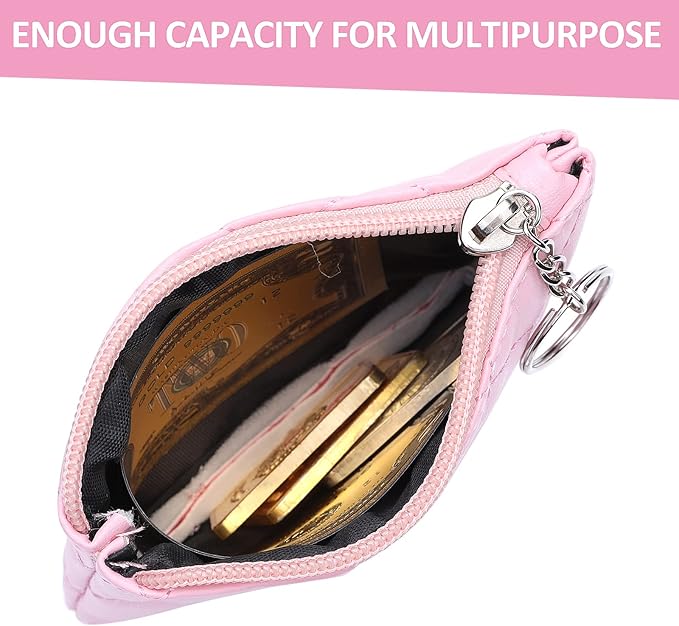 Real Leather Coin Purse with Rhombus Embroidery Zipper Keychain Mini Wallet for Women & Men (Pink)