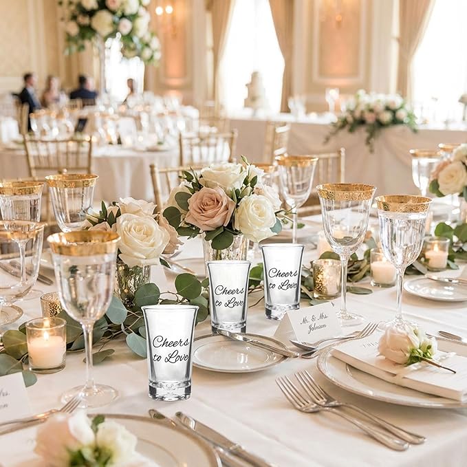 25 Set Wedding Favors for Guests Bulk,Acrylic Cheers to Love Wedding Shot Glasses with Bottle Opener Thank You Cards and Organza Bags,Souvenirs for Guests