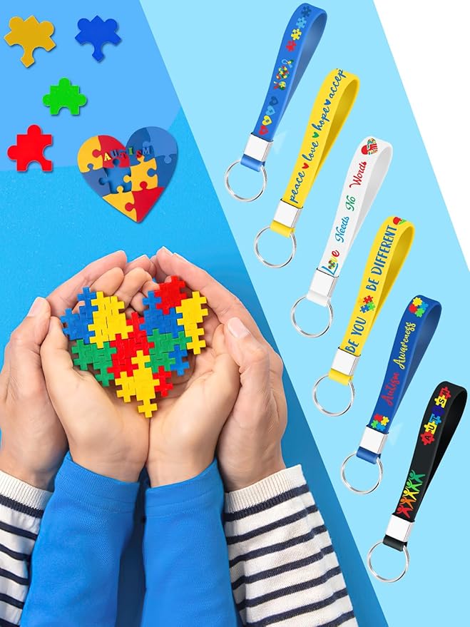 36pcs Autism Awareness Silicone Keychains Puzzle Pieces Ribbons Pattern Inspirational Motivational Rubber Keychains for Autism Awareness Decoration Party Favor Gift Supplies（6 Designs）