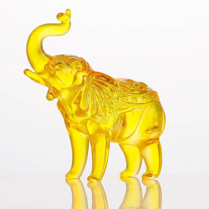 Crystal Elephant Figurines Gifts for Women Men, Crystal Animals Collectible StatueTabletop Decoration Elephant Sculpture with Trunk Up Ornaments (Yellow)