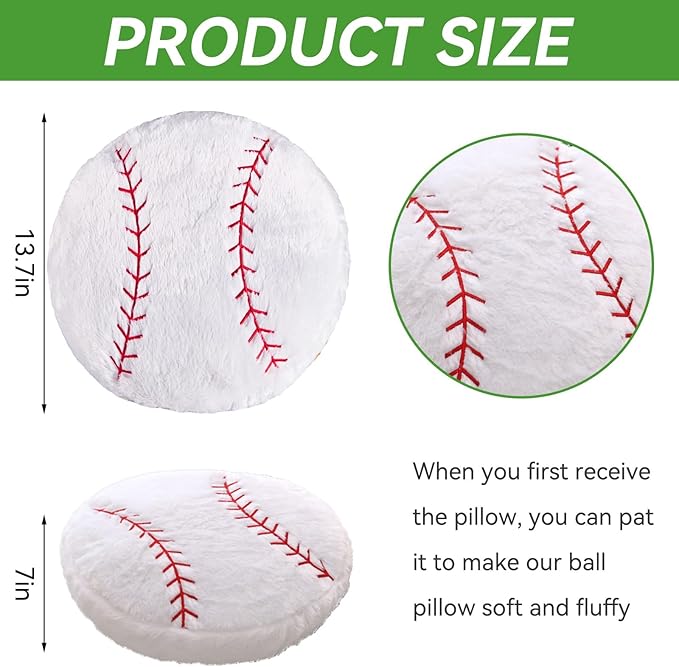 Baseball Pillow, 2 Pcs Baseball Plush Pillow, Soft Fluffy Stuffed Sports Throw Pillows, Home Decor Cushion, Round Baseball Pillows, Sports for Room Decoration 15.8"