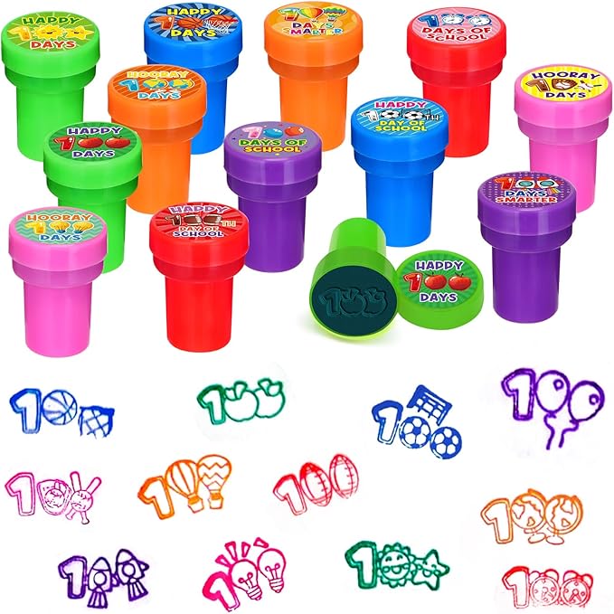 Cinrobiye 24 Pcs Happy 100th Day Party Stampers for Boys Girls,100th Day of School Party Supplies Favors, Classroom Rewards Carnival Prizes, Goodie Bag Pinata Fillers for 100 days of school (100 day)