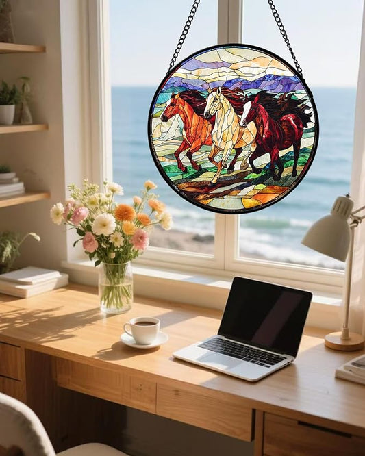 Stained Glass Window Hanging, Galloping Horses Sun Catcher for Door Home Decor Colorful Suncatcher Christmas Mother's Day Birthday Gifts for Women Men Mom and Nana 6.3 in