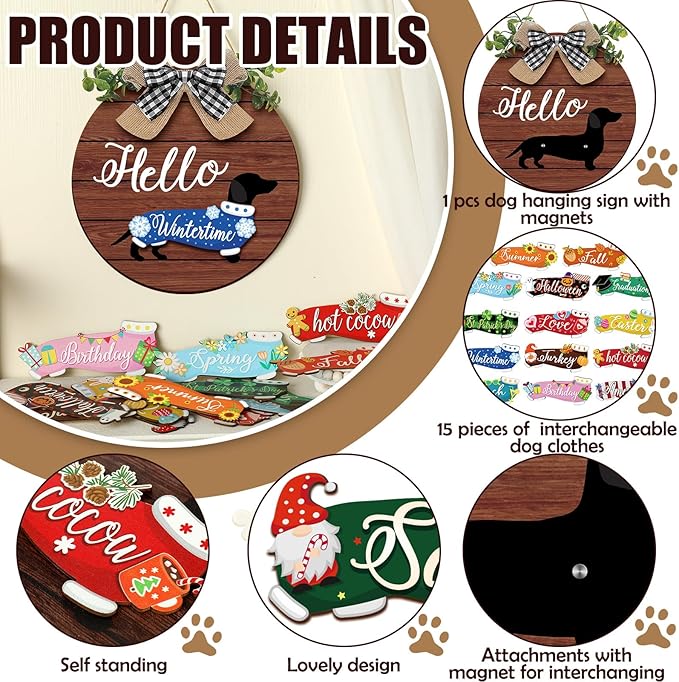 Glenmal 16 Pcs Seasonal Dachshund Door Decor for All Season and Holiday Hanging Cute Christmas Dachshund Welcome Sign Rustic Wooden Farmhouse Front Door Signs Outdoor(Dark Wood Grain)