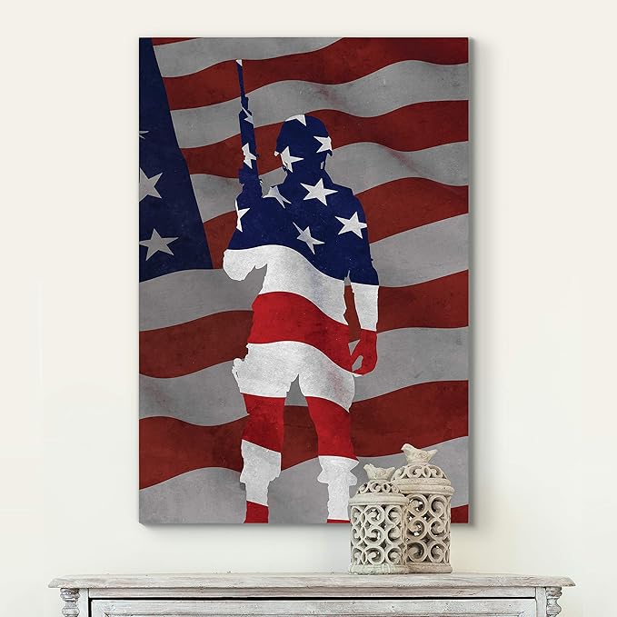 Renditions Gallery Canvas Patriotic Wall Art Paintings & Prints Artwork Proud Flag Draped Veteran Modern American Soldier Wall Hanging Decor for Dining Room Office Kitchen - 30"x40" LT25