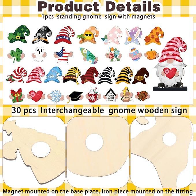 Blulu 32 Pcs Christmas Interchangeable Wooden Gnome Decor DIY Holiday Christmas Seasonal Tiered Tray Decoration Gnomes with Magnet Pieces Welcome Sign for Xmas Holiday Decorations (Fresh)
